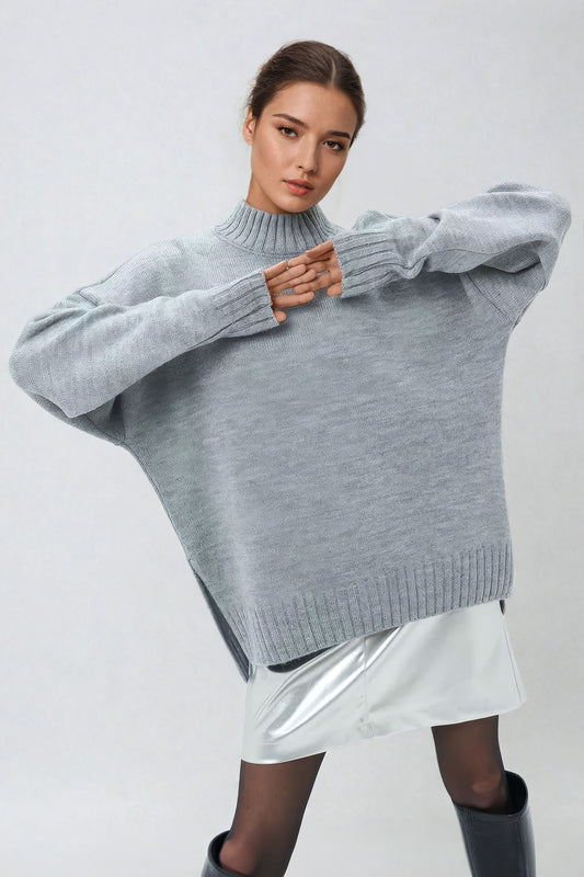 High-Neck Oversized Ribbed Hem Sweater - Light Gray