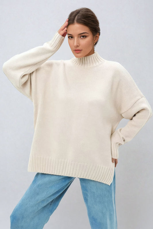 High-Neck Oversized Ribbed Hem Sweater - Beige