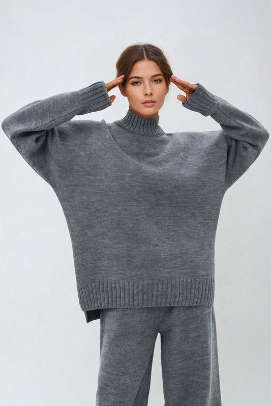 High-Neck Oversized Ribbed Hem Sweater - Dark Gray