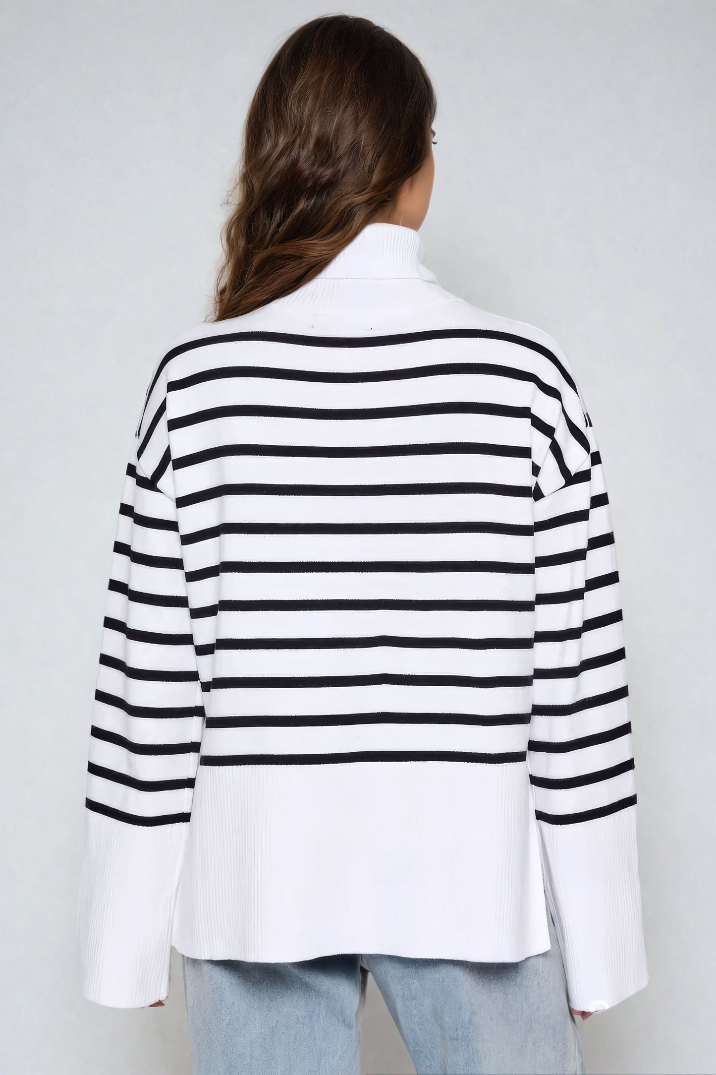 Striped Turtleneck Sweater with Wide Sleeves - White