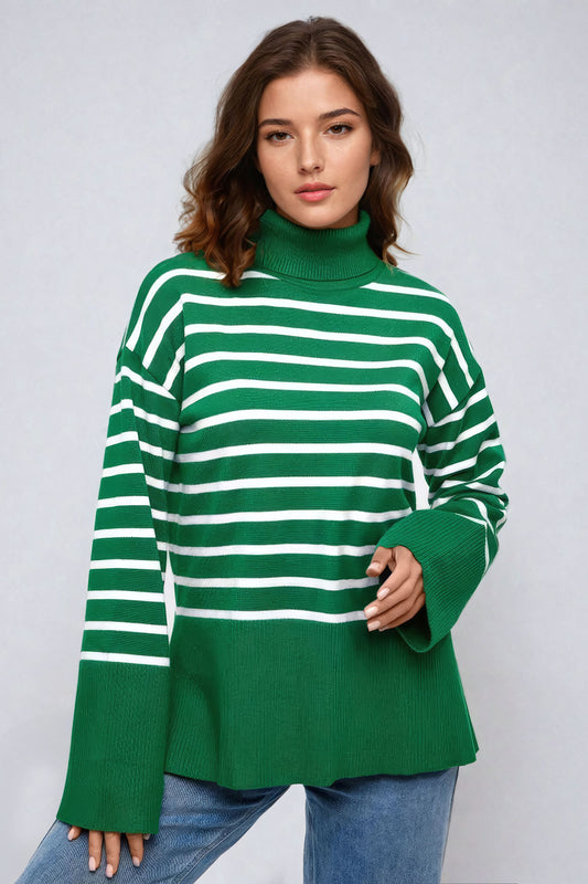 Striped Turtleneck Sweater with Wide Sleeves - Green