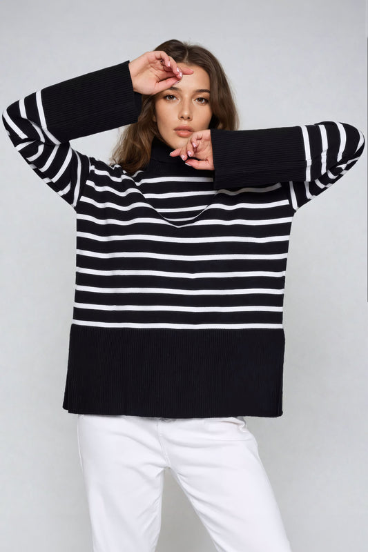 Striped Turtleneck Sweater with Wide Sleeves - Black