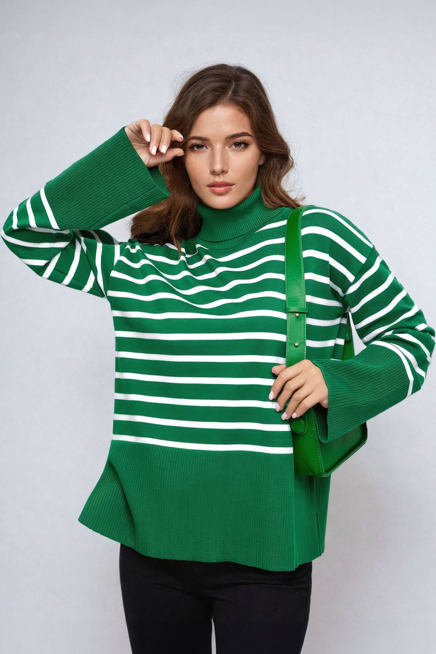 Striped Turtleneck Sweater with Wide Sleeves - Green