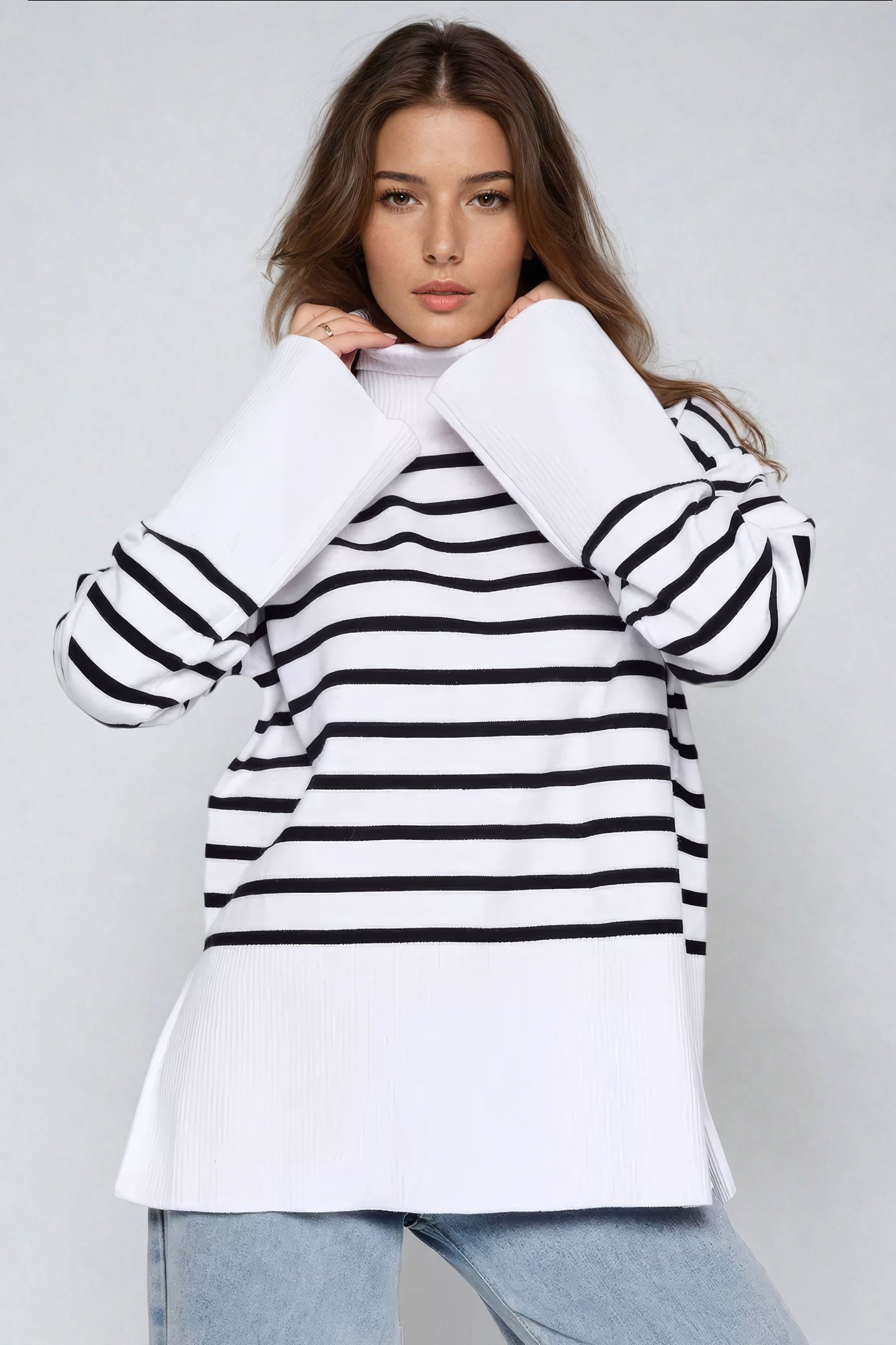 Striped Turtleneck Sweater with Wide Sleeves - White