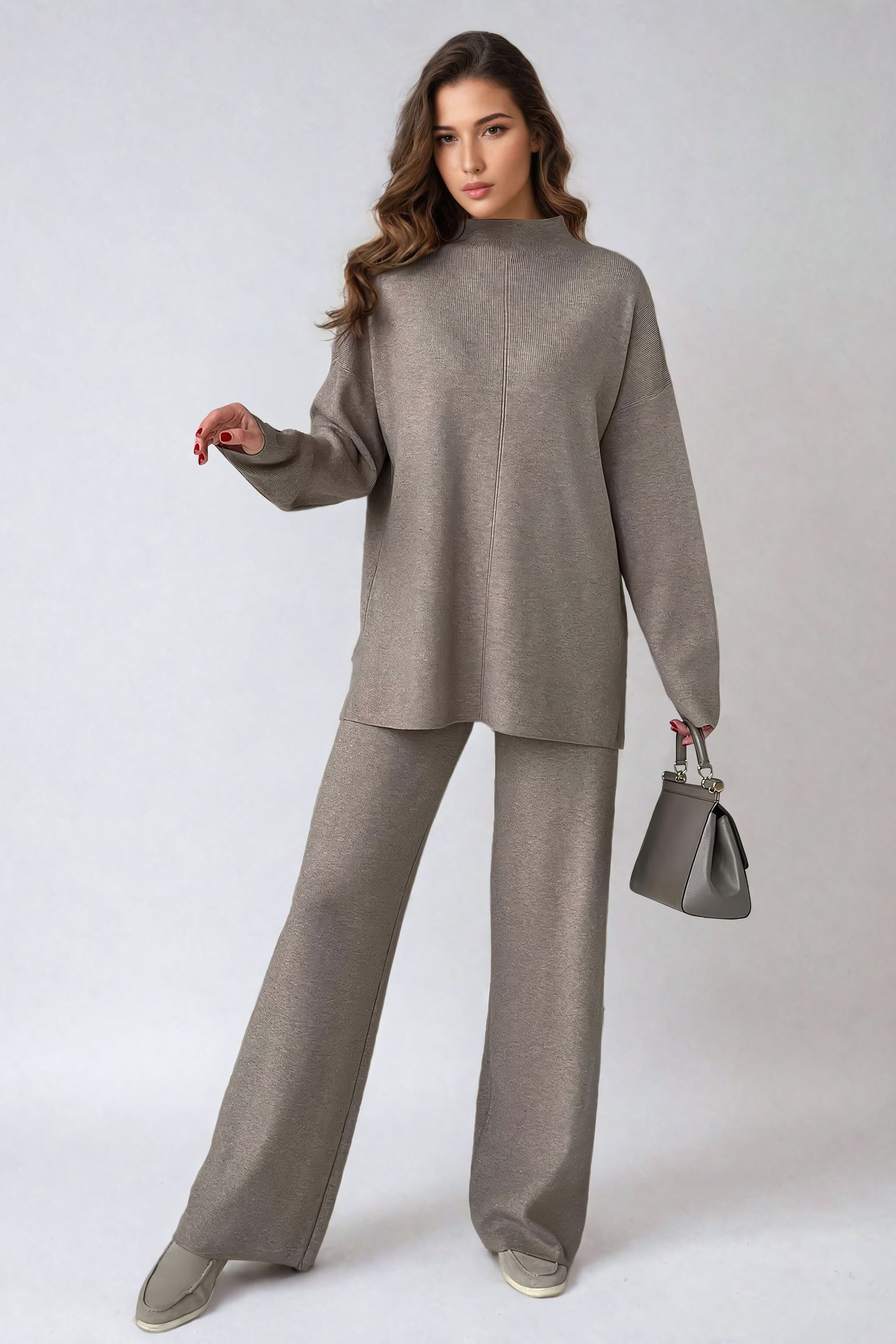 Elegant Knitted Sweater and Trouser Co-Ord Set - Light Brown