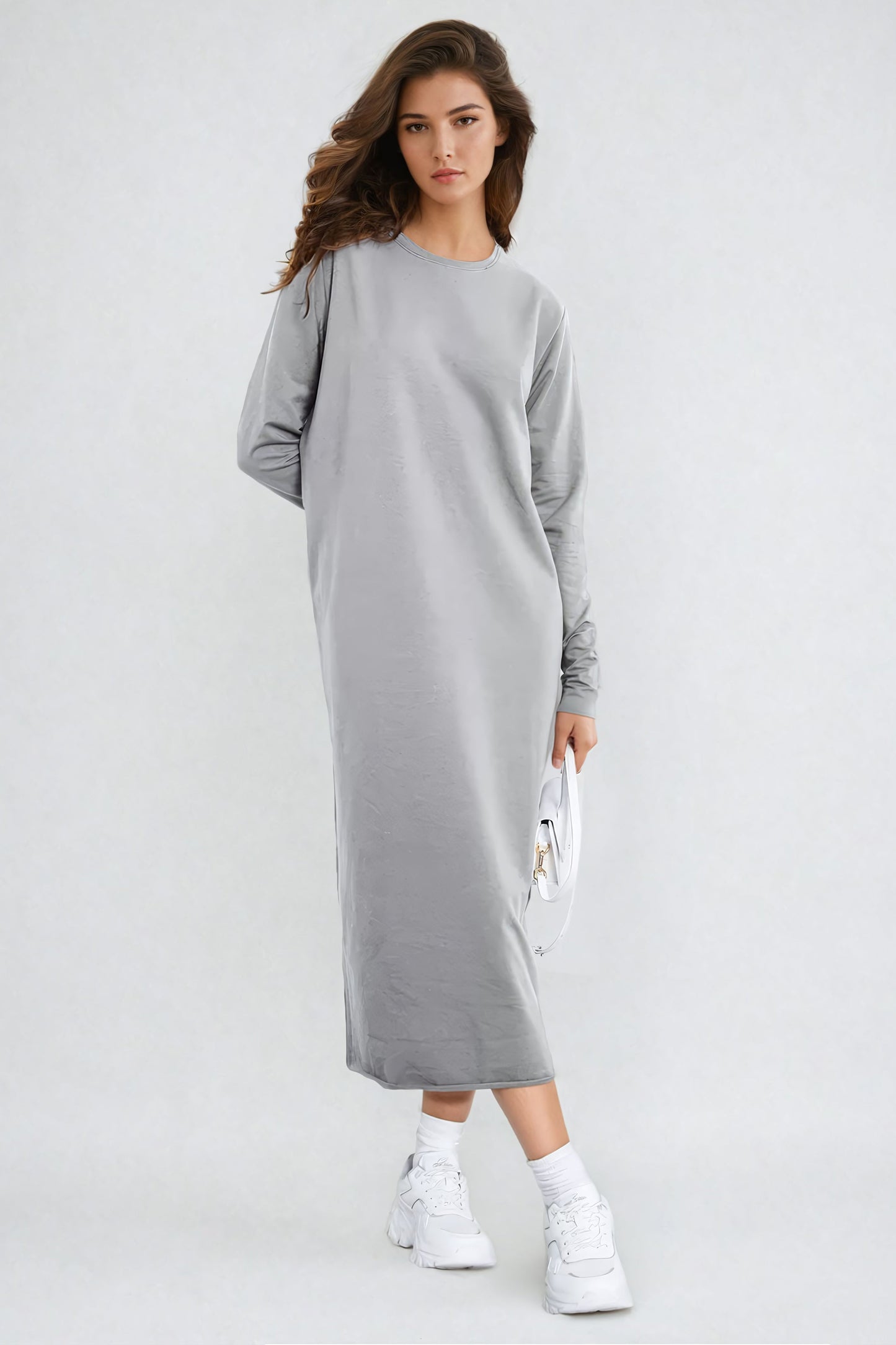 Knitted Long Sleeve Midi Dress - Light Gray