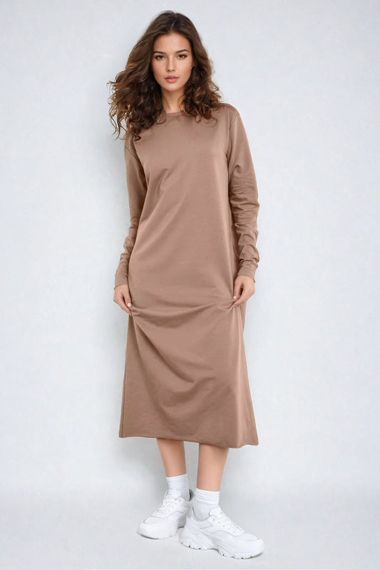 Knitted Long Sleeve Midi Dress - Camel