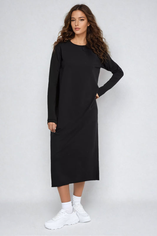 Knitted Long Sleeve Midi Dress - Black