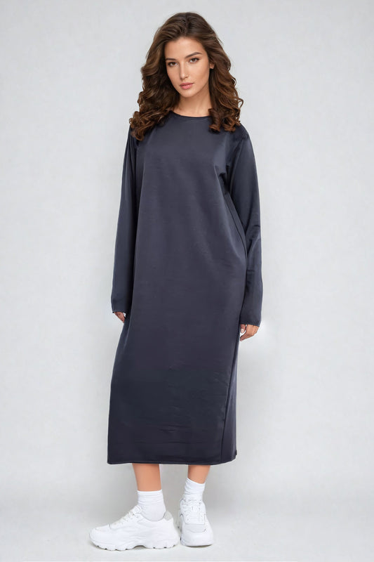 Knitted Long Sleeve Midi Dress - Dark Gray