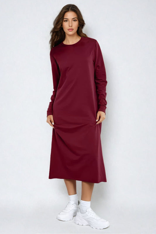 Knitted Long Sleeve Midi Dress - Burgundy