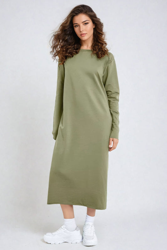 Knitted Long Sleeve Midi Dress - Green