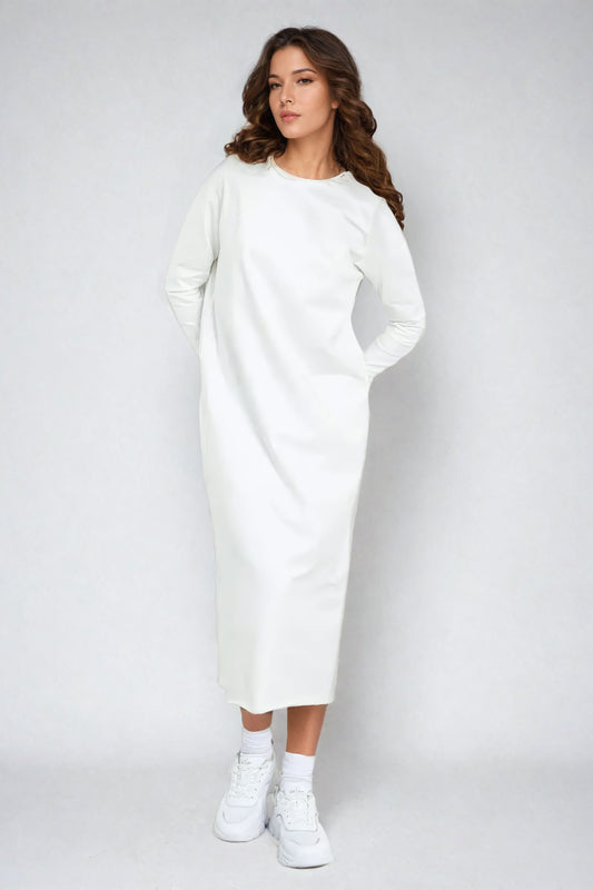 Knitted Long Sleeve Midi Dress - White