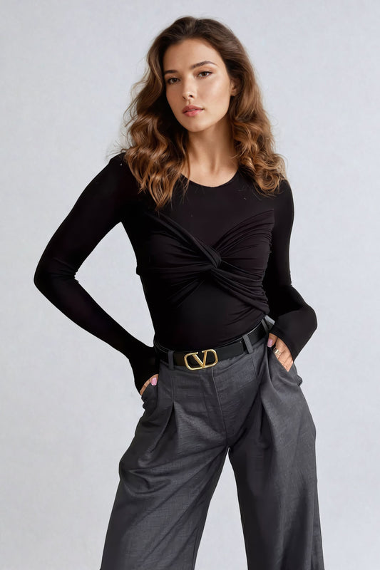 Long Sleeve Knotted Detail Top - Black