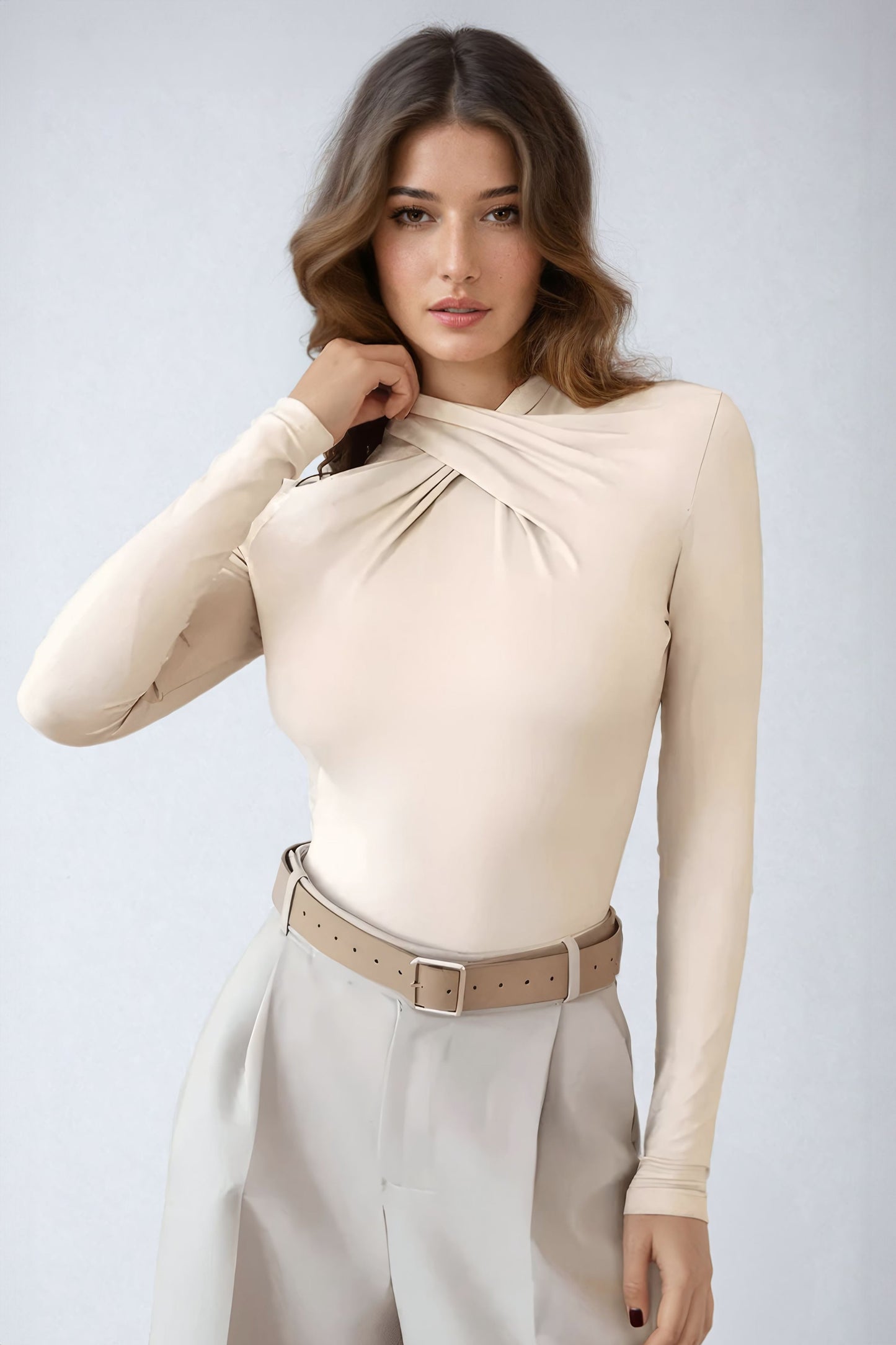 Long Sleeve Twist Front Bodysuit - Beige