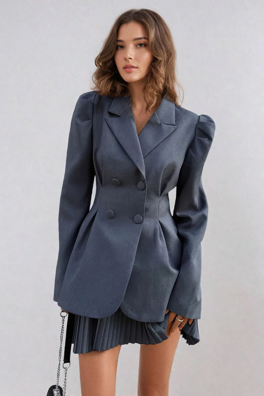 Double-Breasted Blazer and Pleated Skirt Co-Ord Set - Dark Gray