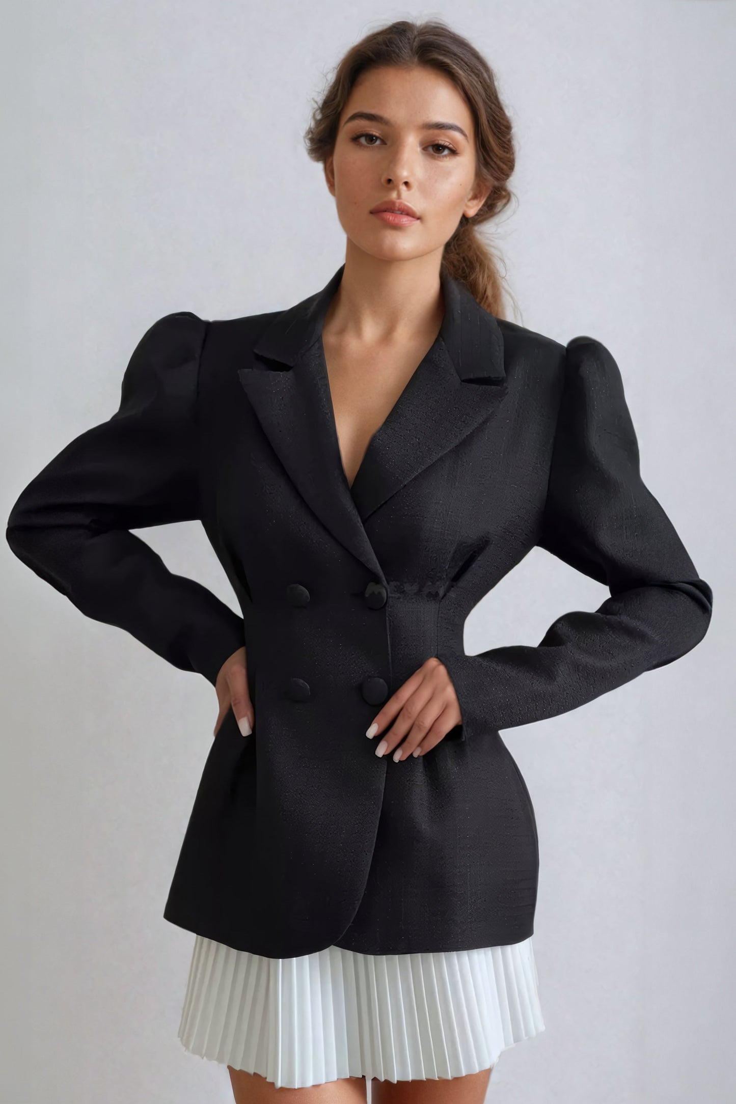 Double-Breasted Blazer and Pleated Skirt Co-Ord Set - Black