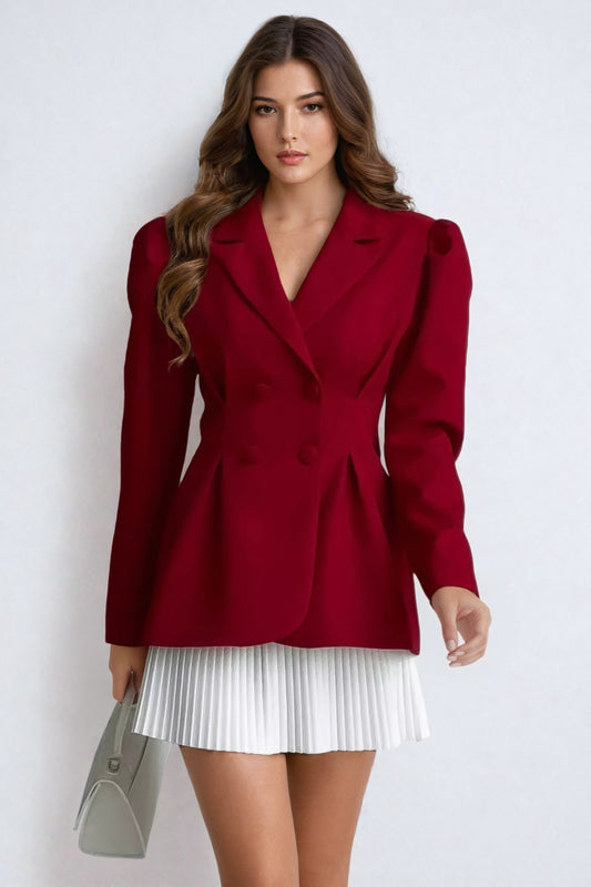 Double-Breasted Blazer and Pleated Skirt Co-Ord Set - Burgundy