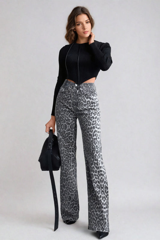 Leopard Print Flared Jeans - Gray