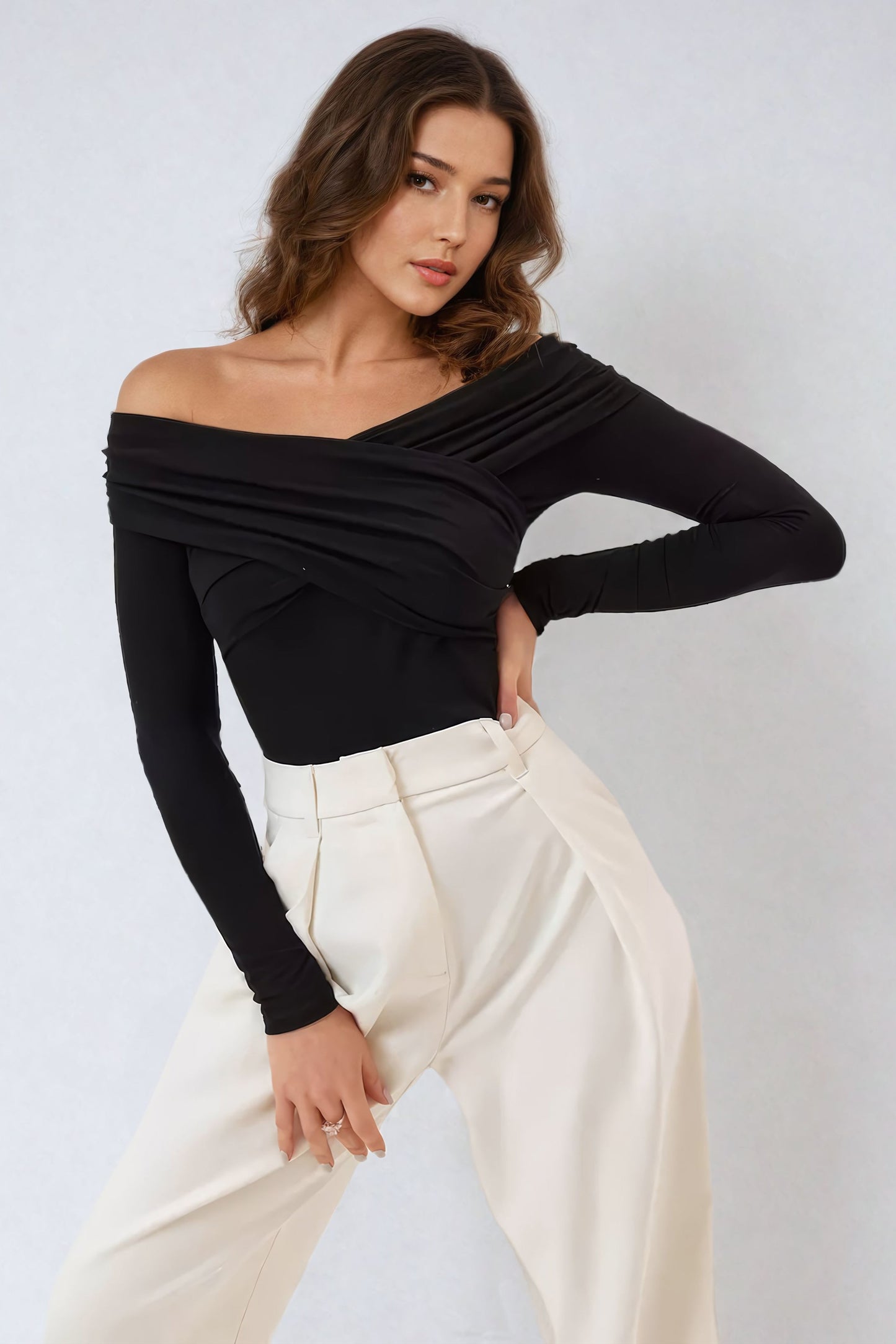 Off-Shoulder Long Sleeve Ruched Top - Black