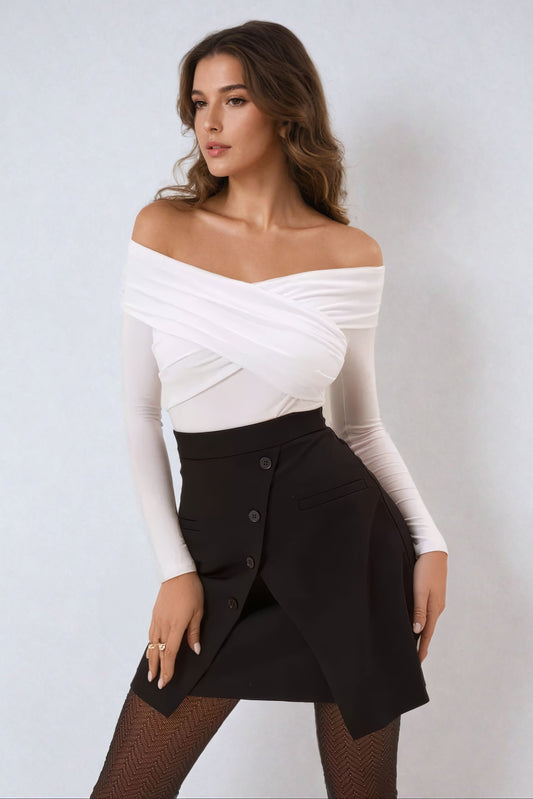 Off-Shoulder Long Sleeve Ruched Top - White