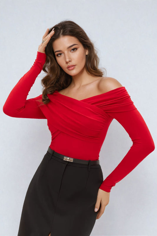 Off-Shoulder Long Sleeve Ruched Top - Red