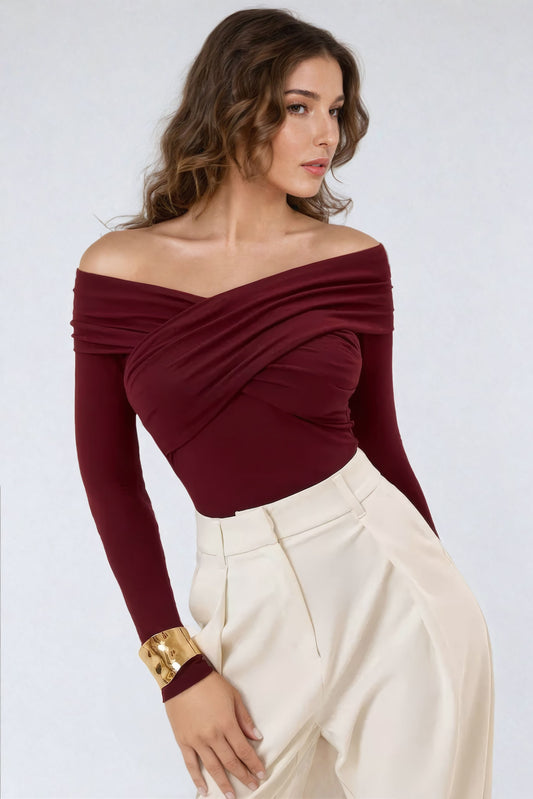 Off-Shoulder Long Sleeve Ruched Top - Burgundy