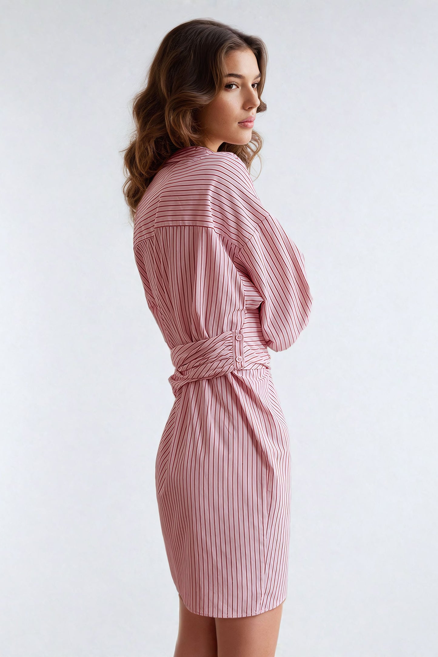 Asymmetrical Striped Wrap Shirt Mini Dress - Pink