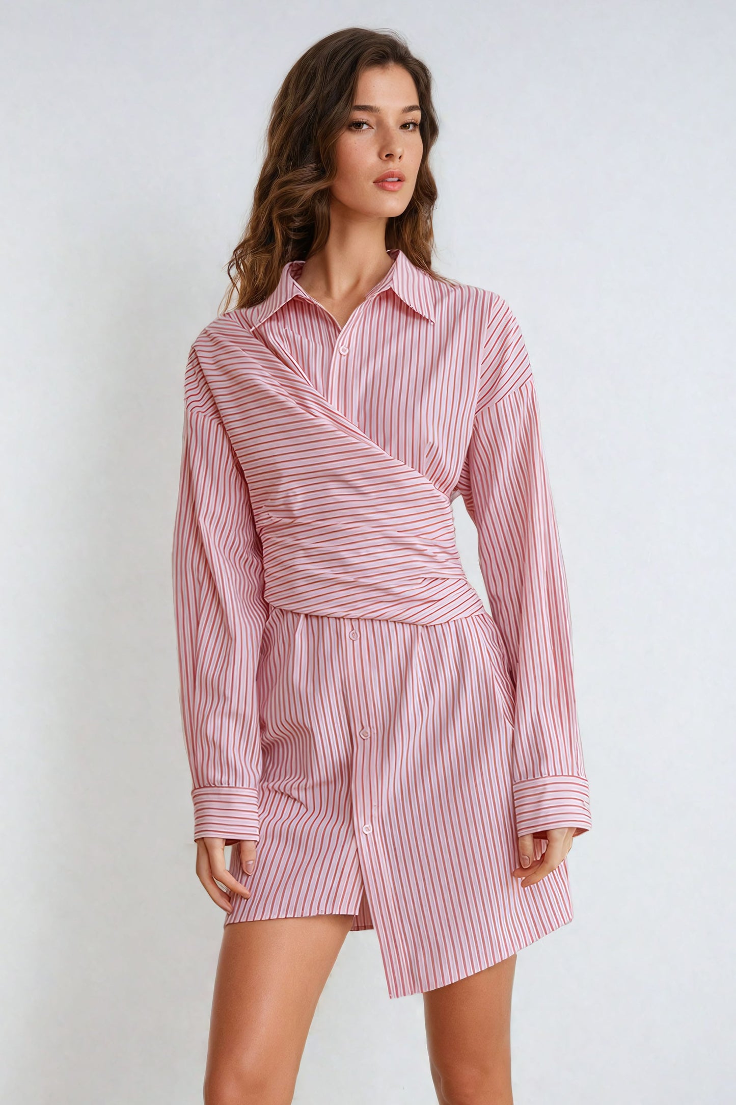 Asymmetrical Striped Wrap Shirt Mini Dress - Pink