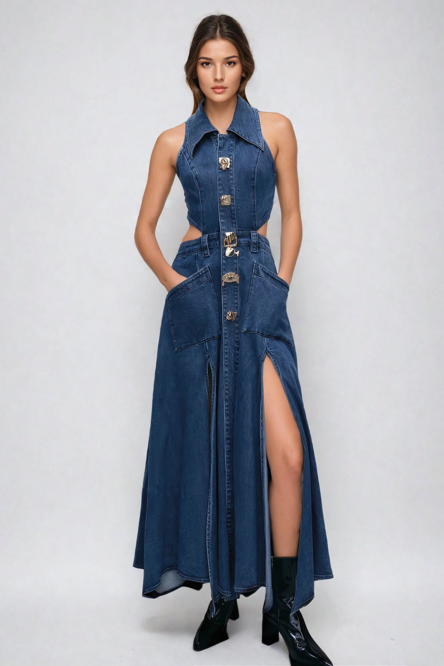 Sleeveless Cut-Out Denim Midi Dress with Golden Buttons - Blue