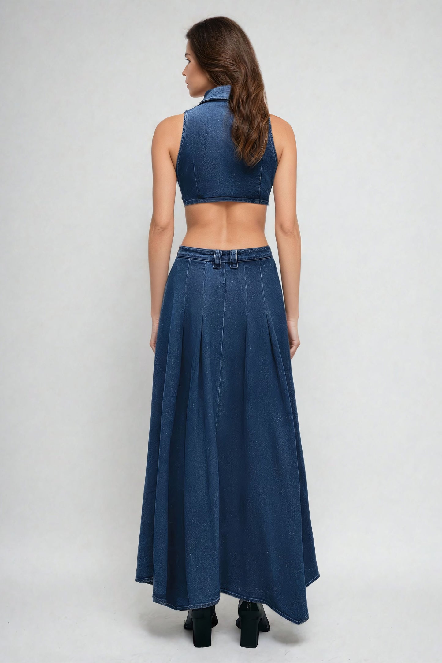 Sleeveless Cut-Out Denim Midi Dress with Golden Buttons - Blue