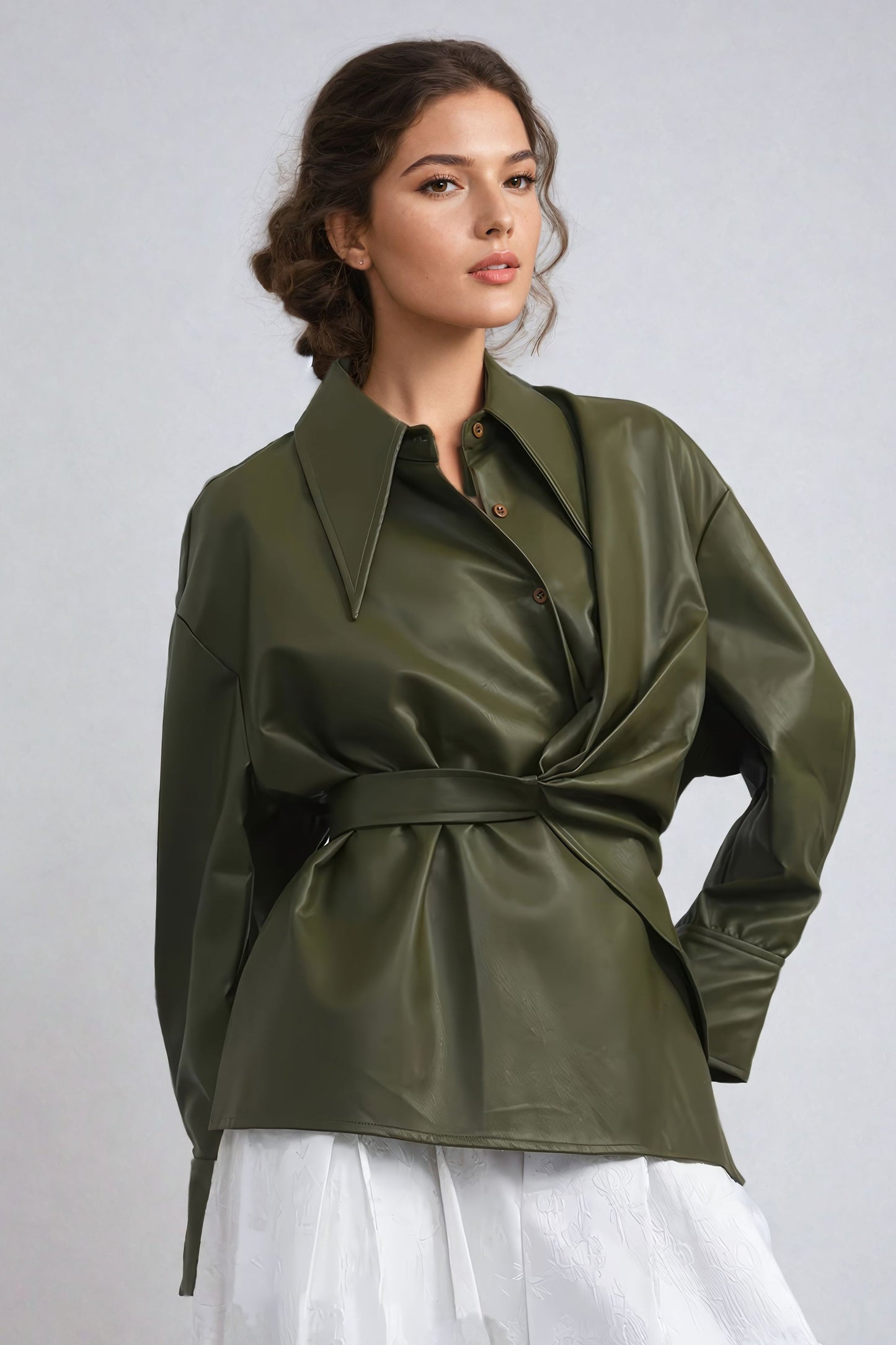 Asymmetrical Leather Wrap Shirt with Belted Waist - Green