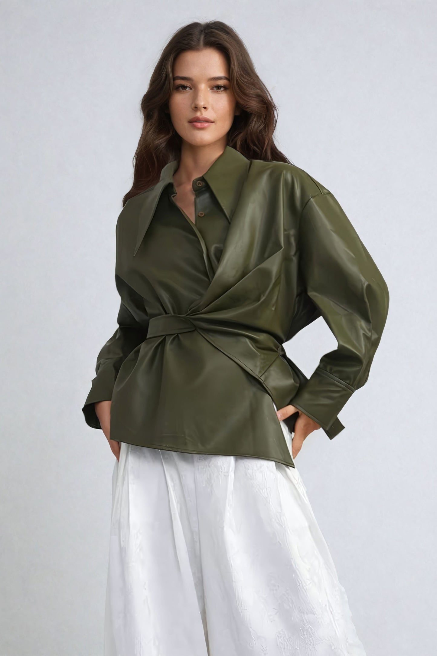 Asymmetrical Leather Wrap Shirt with Belted Waist - Green