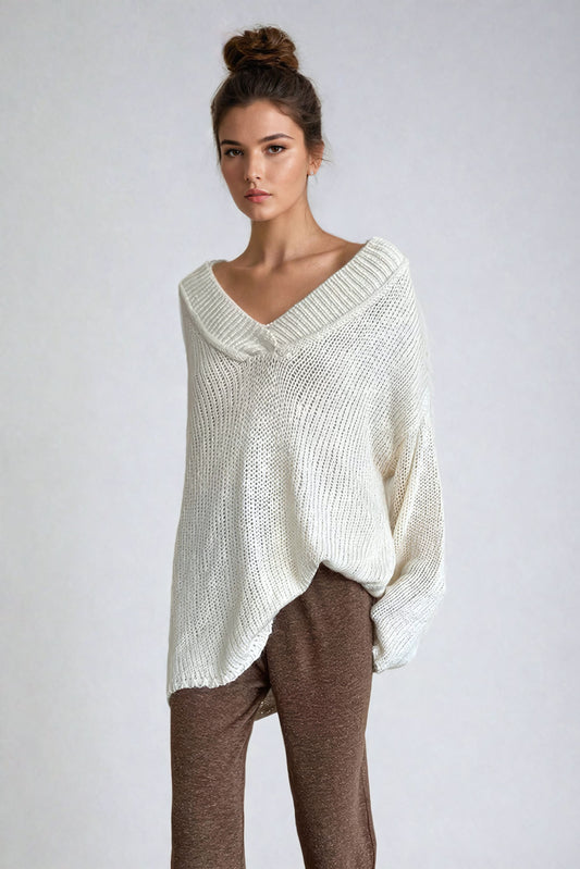 Oversized V-Neck Knitted Sweater - White