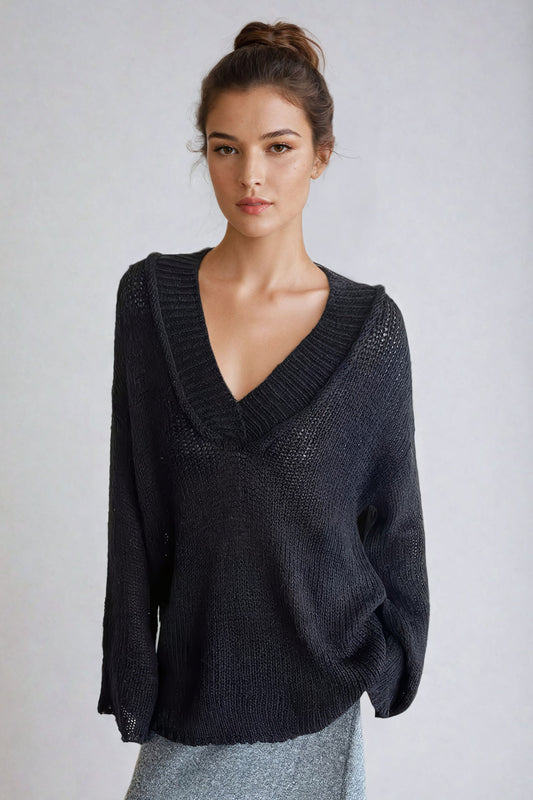 Oversized V-Neck Knitted Sweater - Black