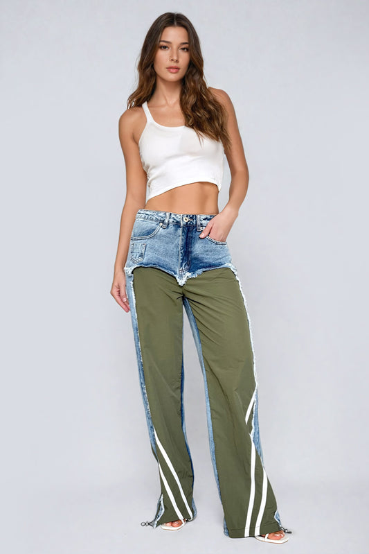 Wide-Leg Patchwork Jeans - Green