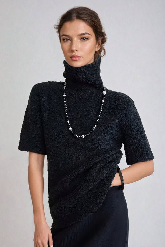 Textured High-Neck Short Sleeve Knitted Sweater - Black