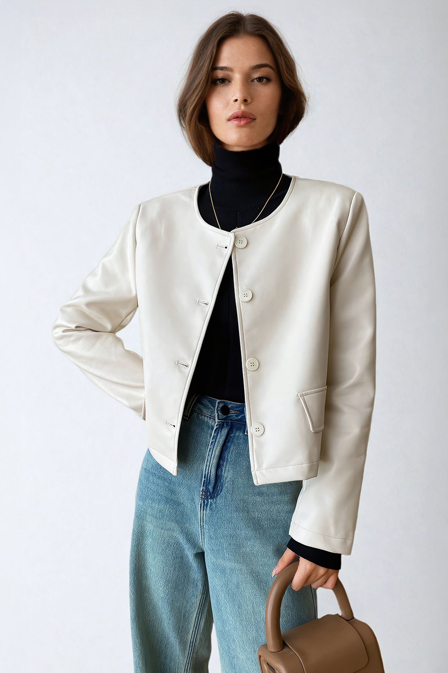 Cropped Button-Down Leather Jacket with Round Neckline - White