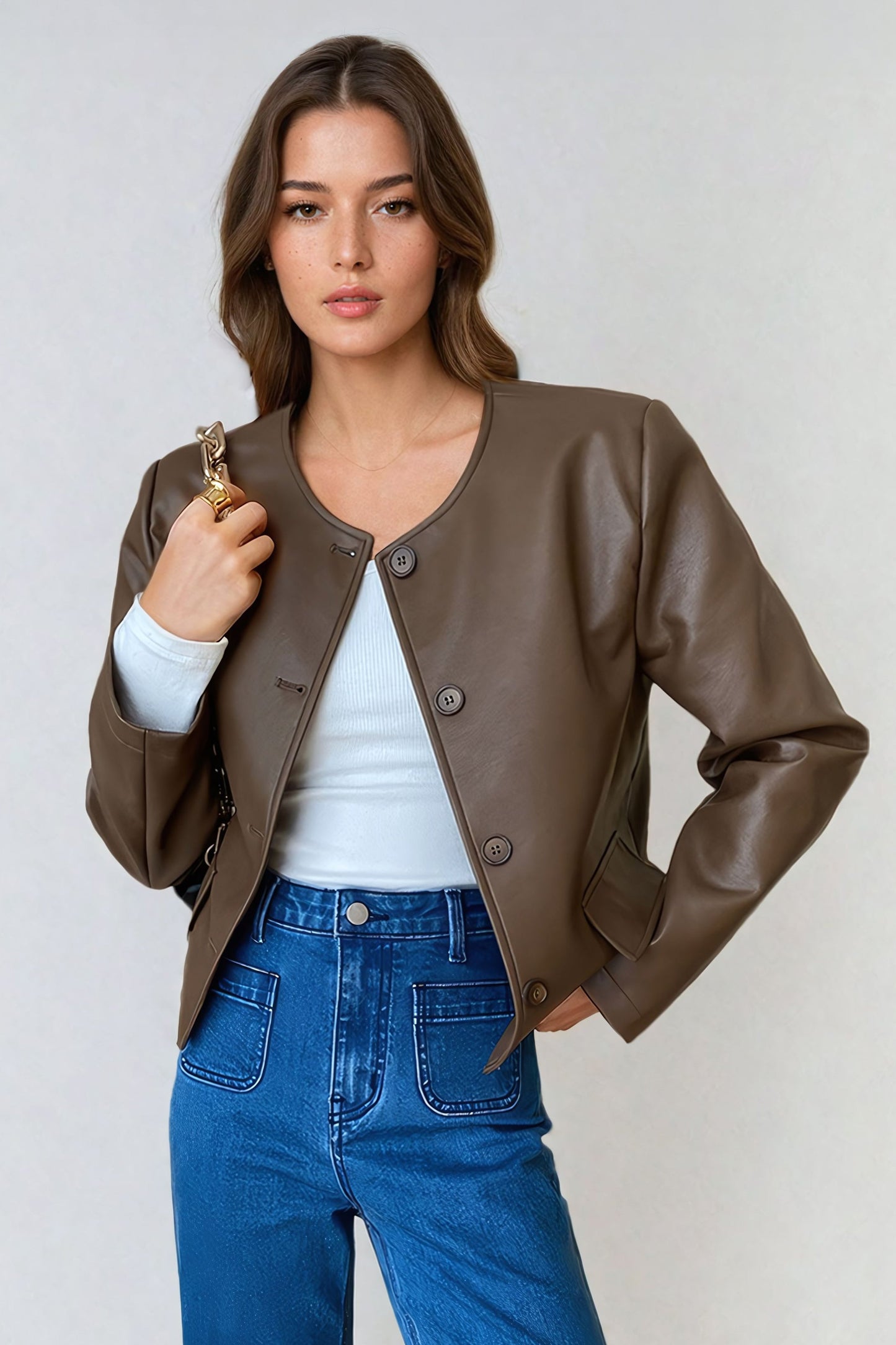 Cropped Button-Down Leather Jacket with Round Neckline - Brown