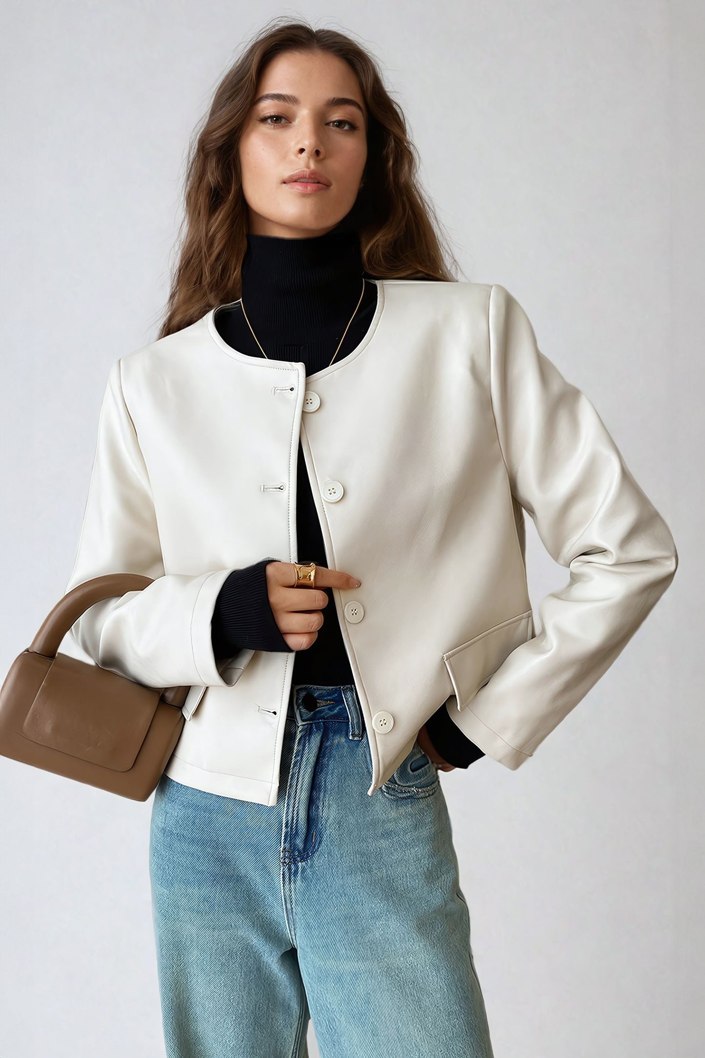 Cropped Button-Down Leather Jacket with Round Neckline - White