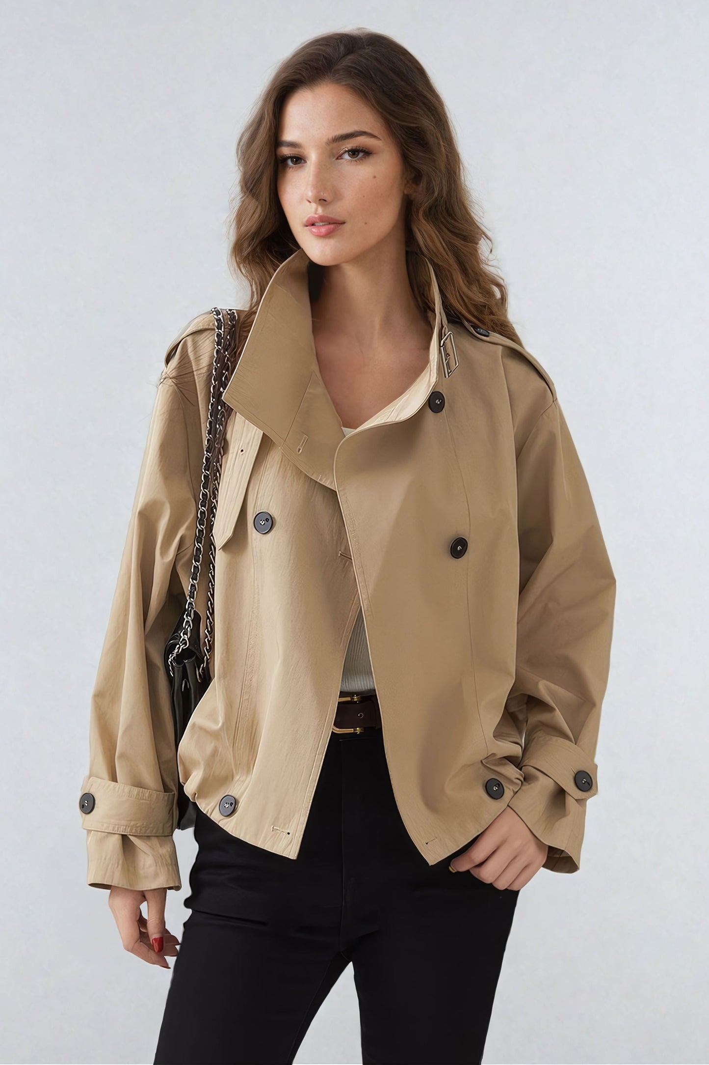 Double-Breasted Cropped Coat with Belted Collar - Khaki