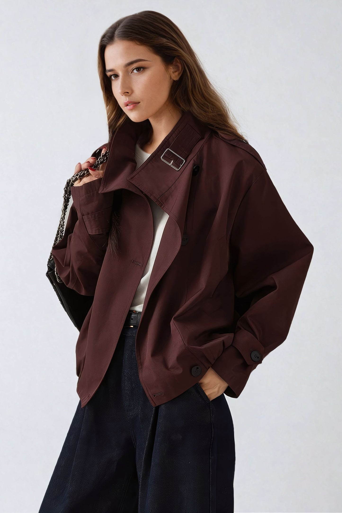 Double-Breasted Cropped Coat with Belted Collar - Burgundy