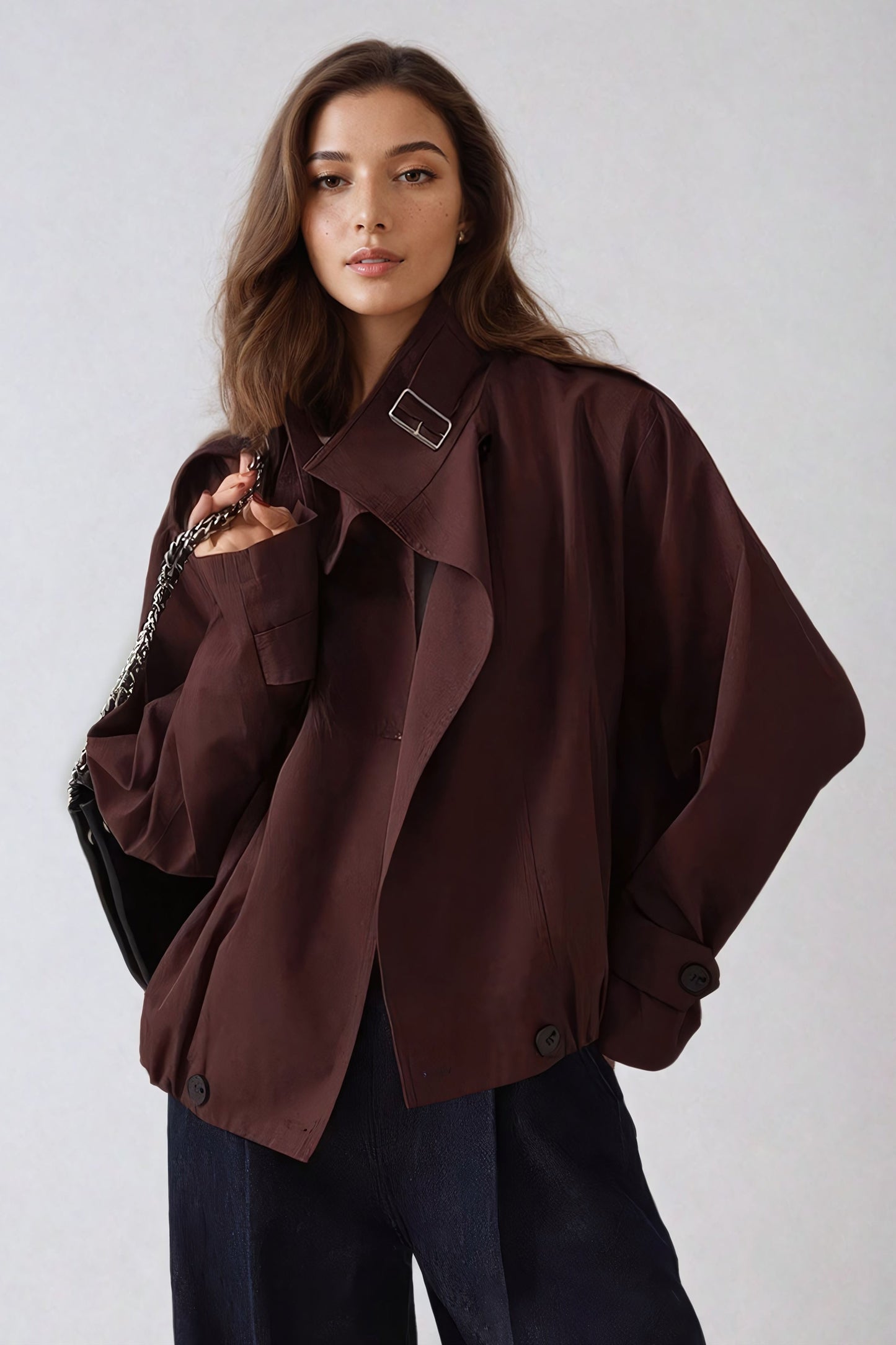 Double-Breasted Cropped Coat with Belted Collar - Burgundy