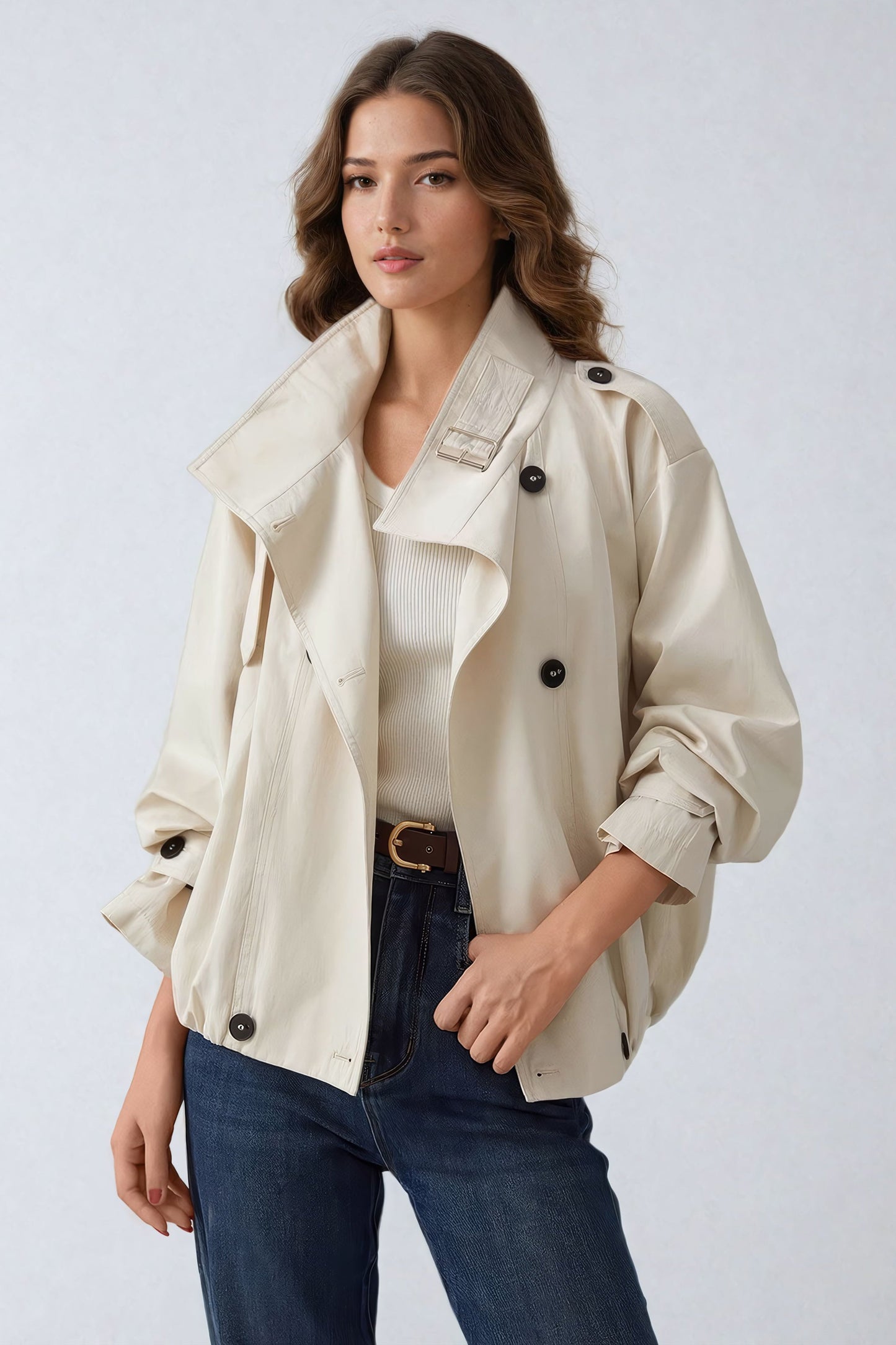 Double-Breasted Cropped Coat with Belted Collar - Beige