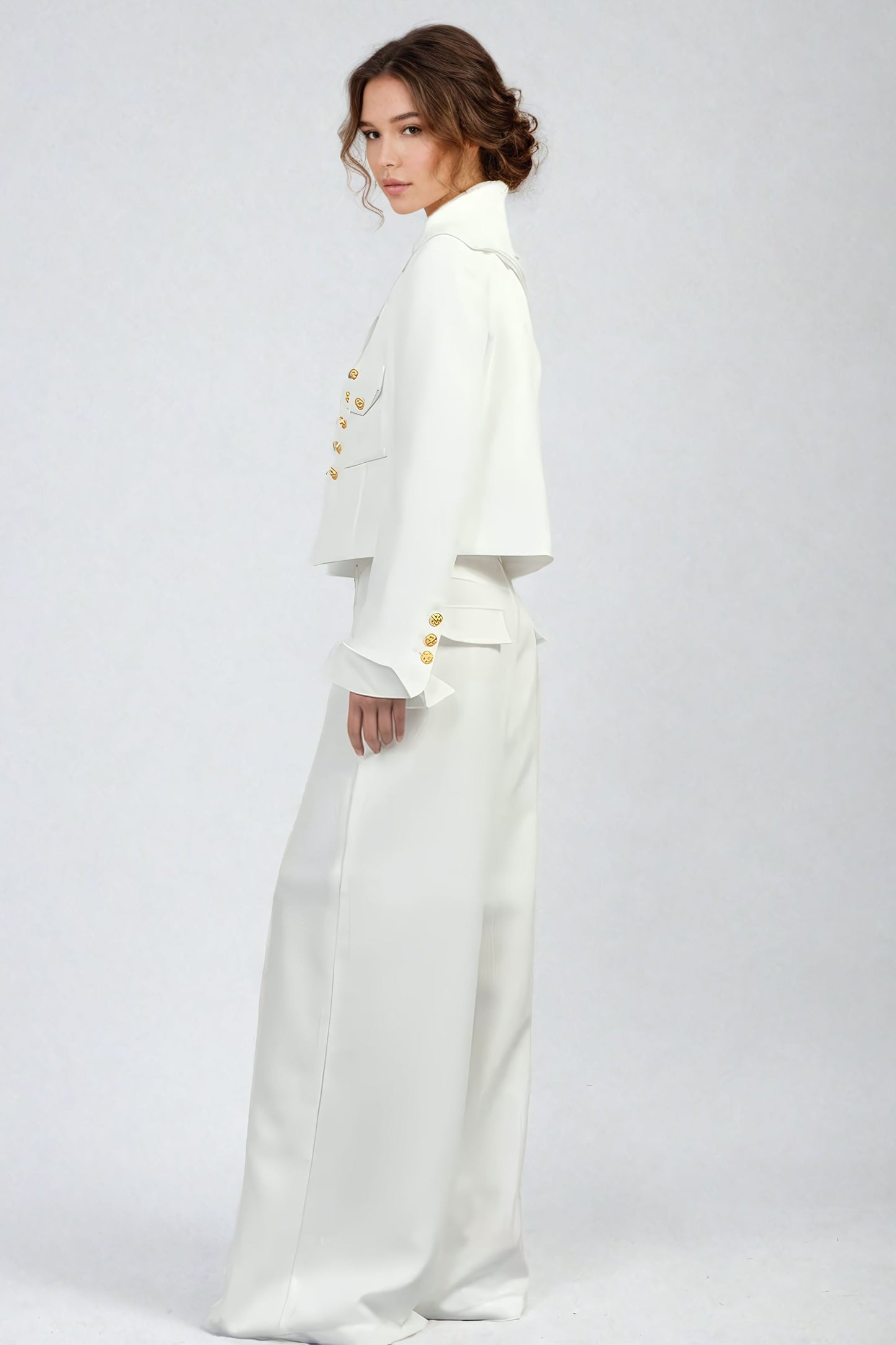 Long Sleeve Jacket with V-Neck Vest and High Waist Trousers Co-Ord Set - White