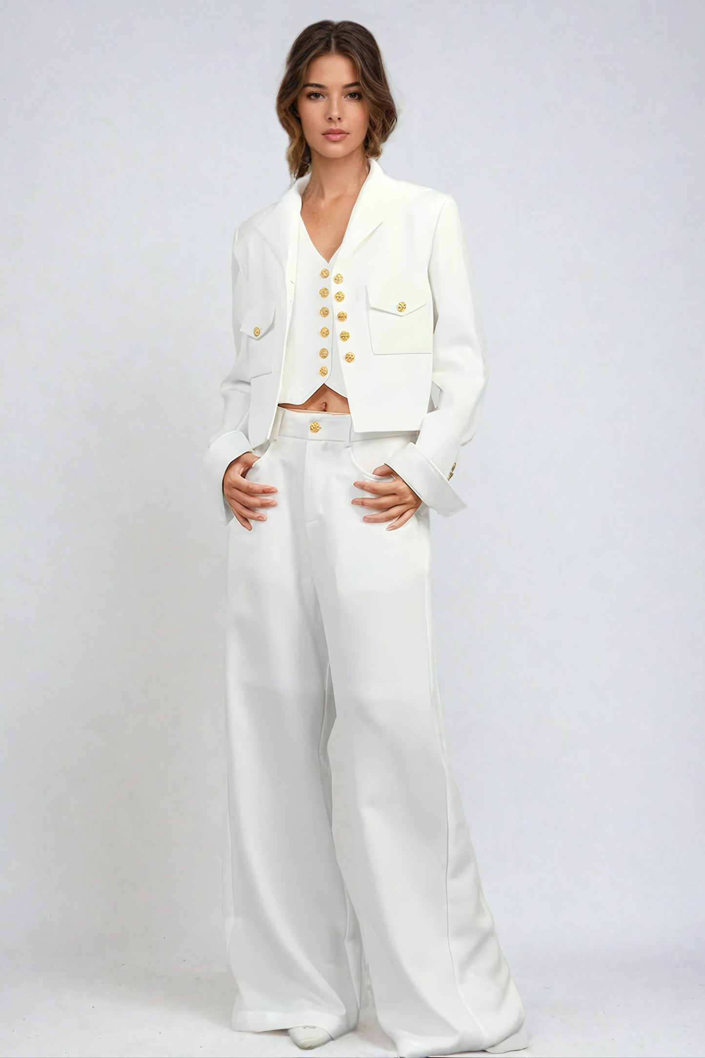 Long Sleeve Jacket with V-Neck Vest and High Waist Trousers Co-Ord Set - White