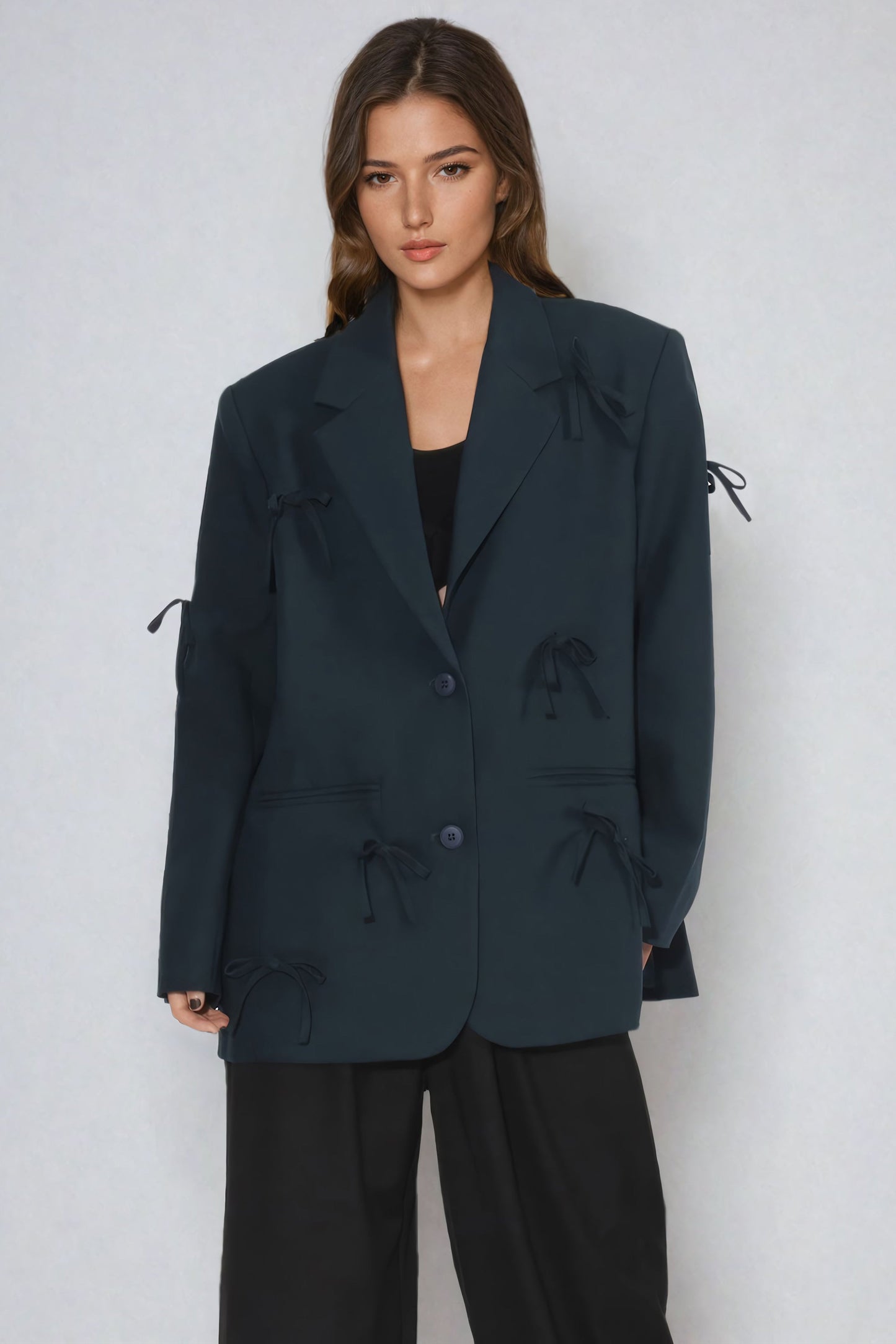 Oversized Blazer with Decorative Bow Accents - Dark Green