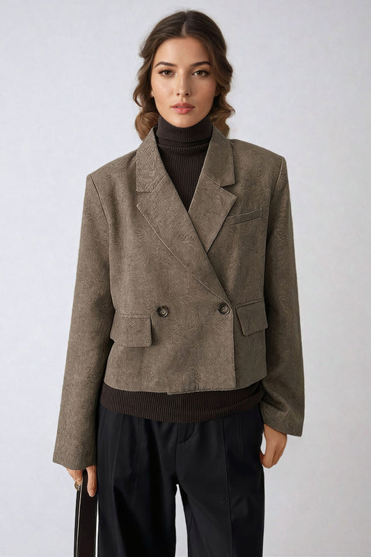 Cropped Double-Breasted Blazer with Notched Lapel - Brown