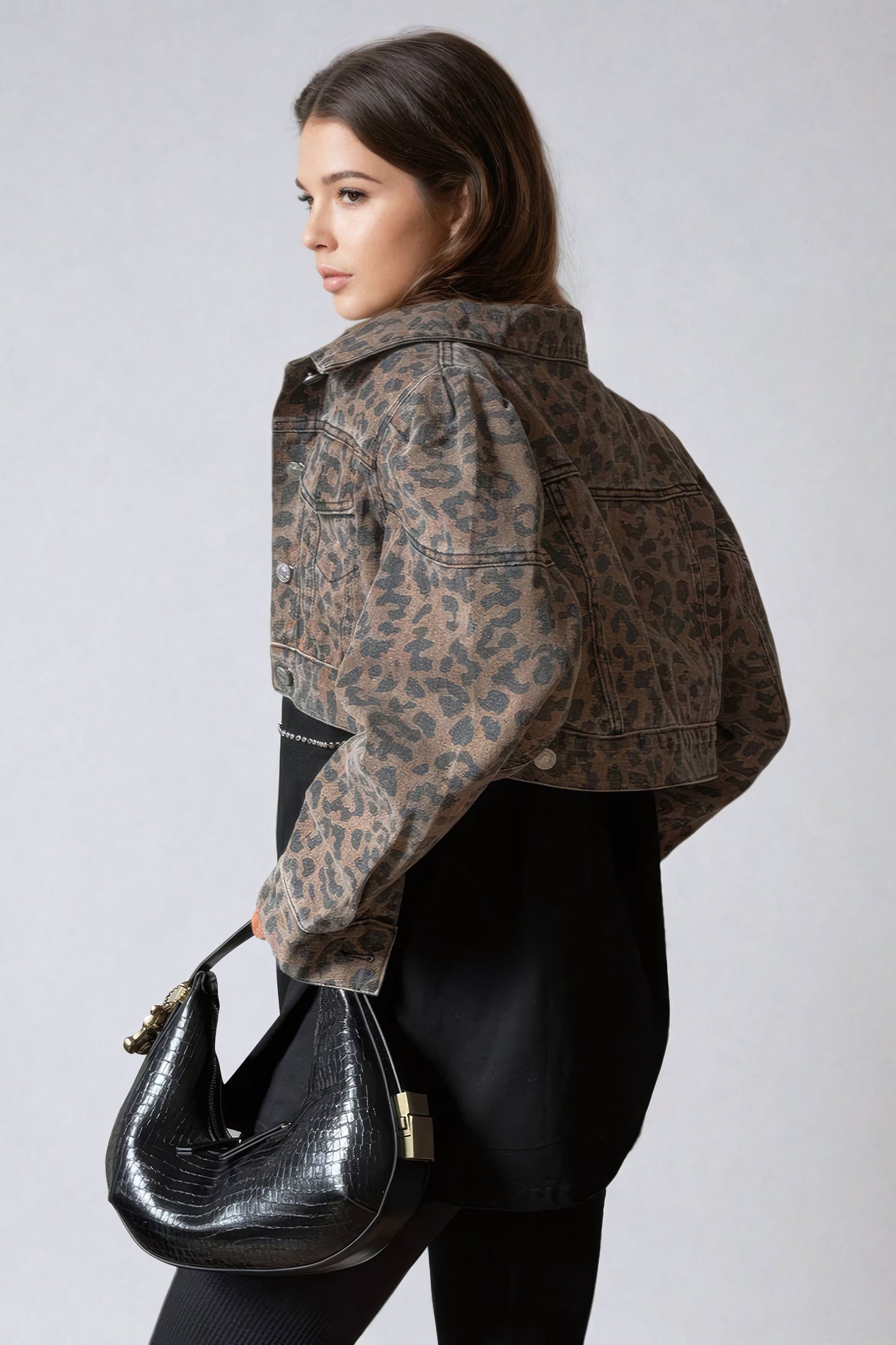 Cropped Leopard Print Denim Jacket - Brown