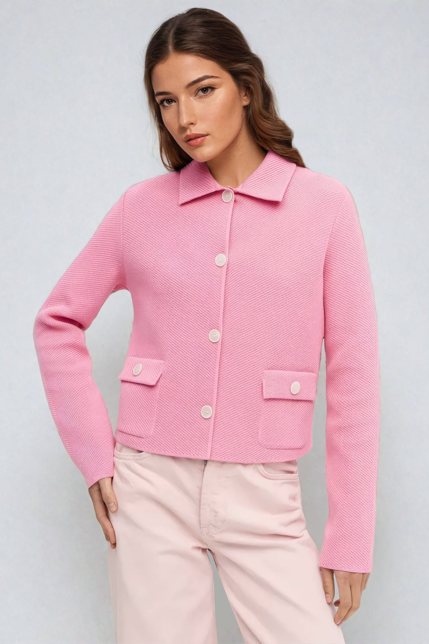 Cropped Knitted Button-Up Jacket - Pink