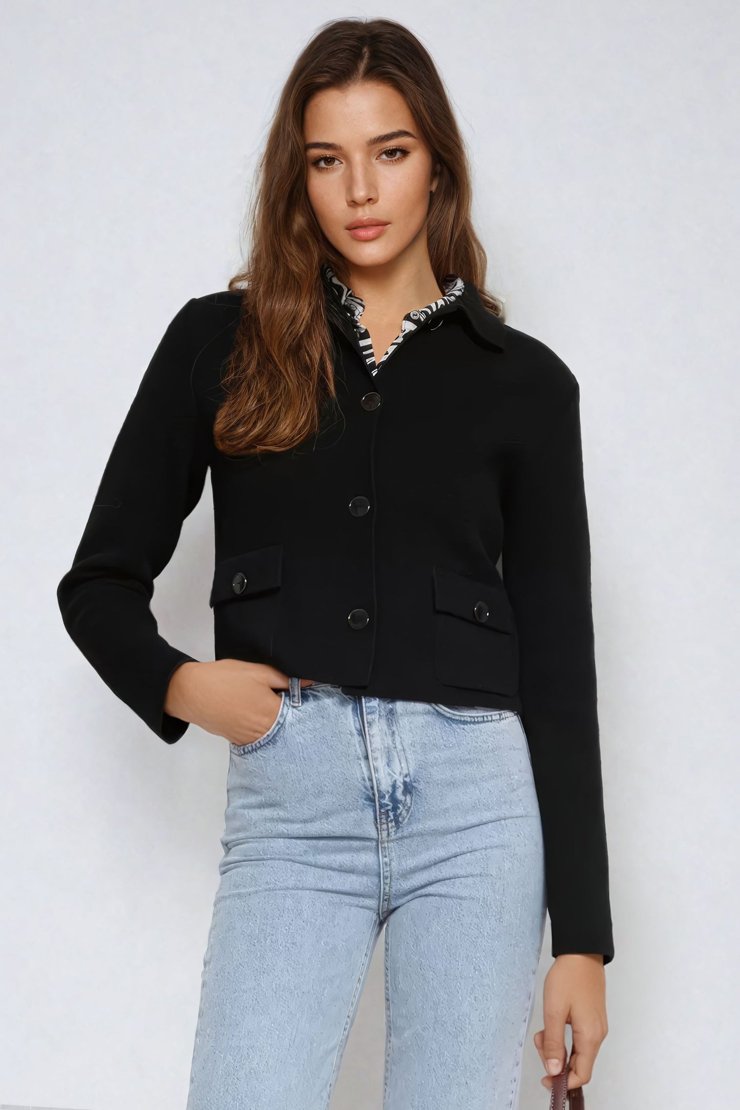 Cropped Knitted Button-Up Jacket - Black